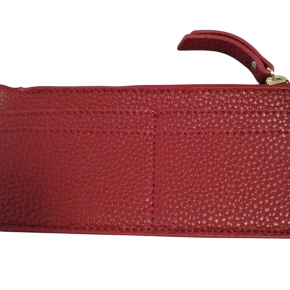 Pebbled Faux Leather Slim Credit Card Wallet Pouch Zip Closure Red Casual - Picture 4 of 5